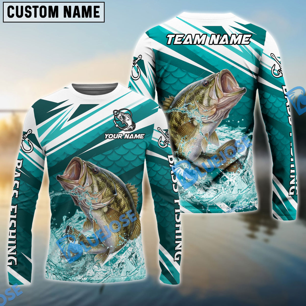 BlueJose Bass Fishing Cyan Scale Pattern Splash Water Custom Name & Team Name 3D Shirts