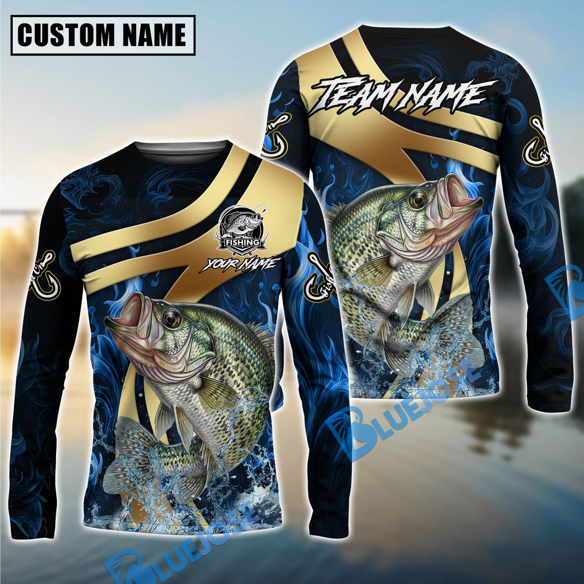 BlueJose Crappie Fishing Luxury Gold Wave Water Splash Design Custom Name & Team Name 3D Shirts
