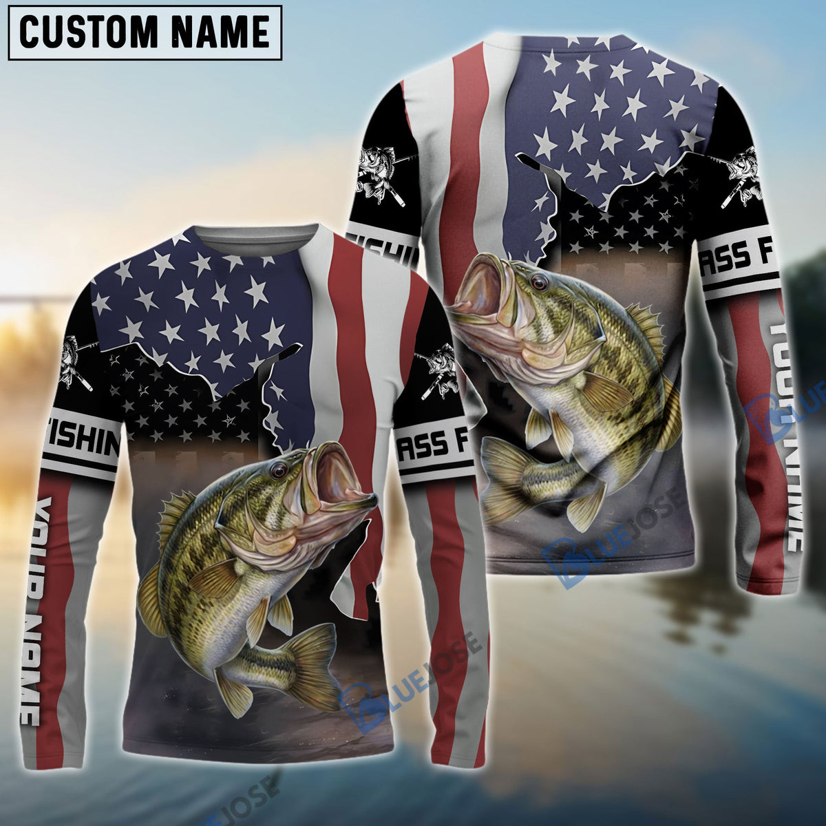 BlueJose Bass Fishing American Flag Fishing Long Sleeves