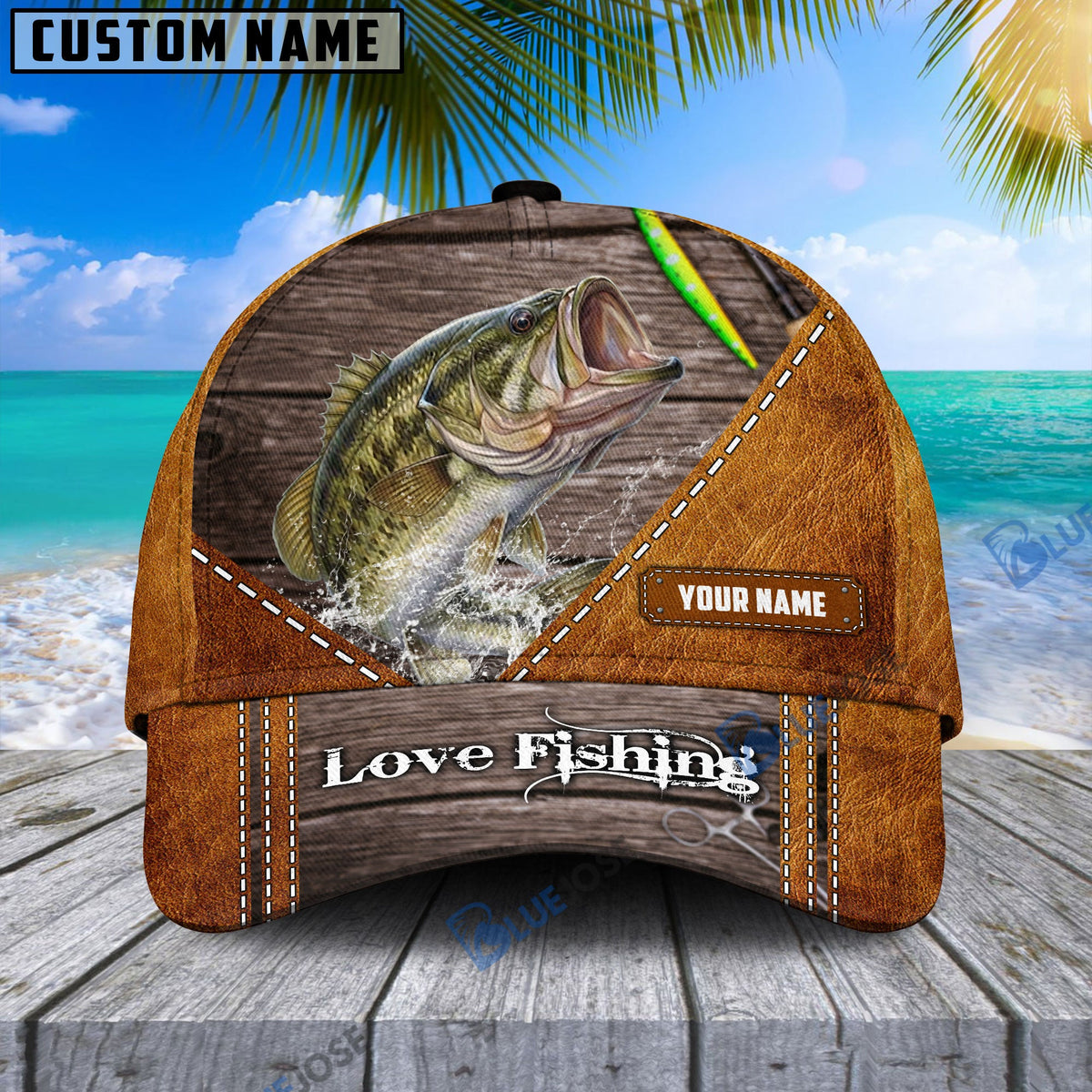 BlueJose Custom Name Bass Fishing Leather Pattern Cap