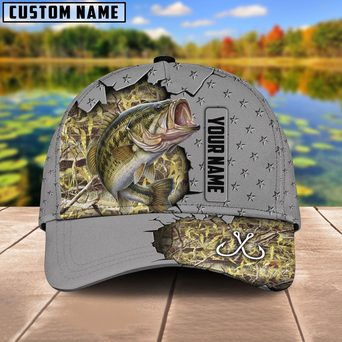 BlueJose Custom Name Bass Fishing Grey 3D Cap