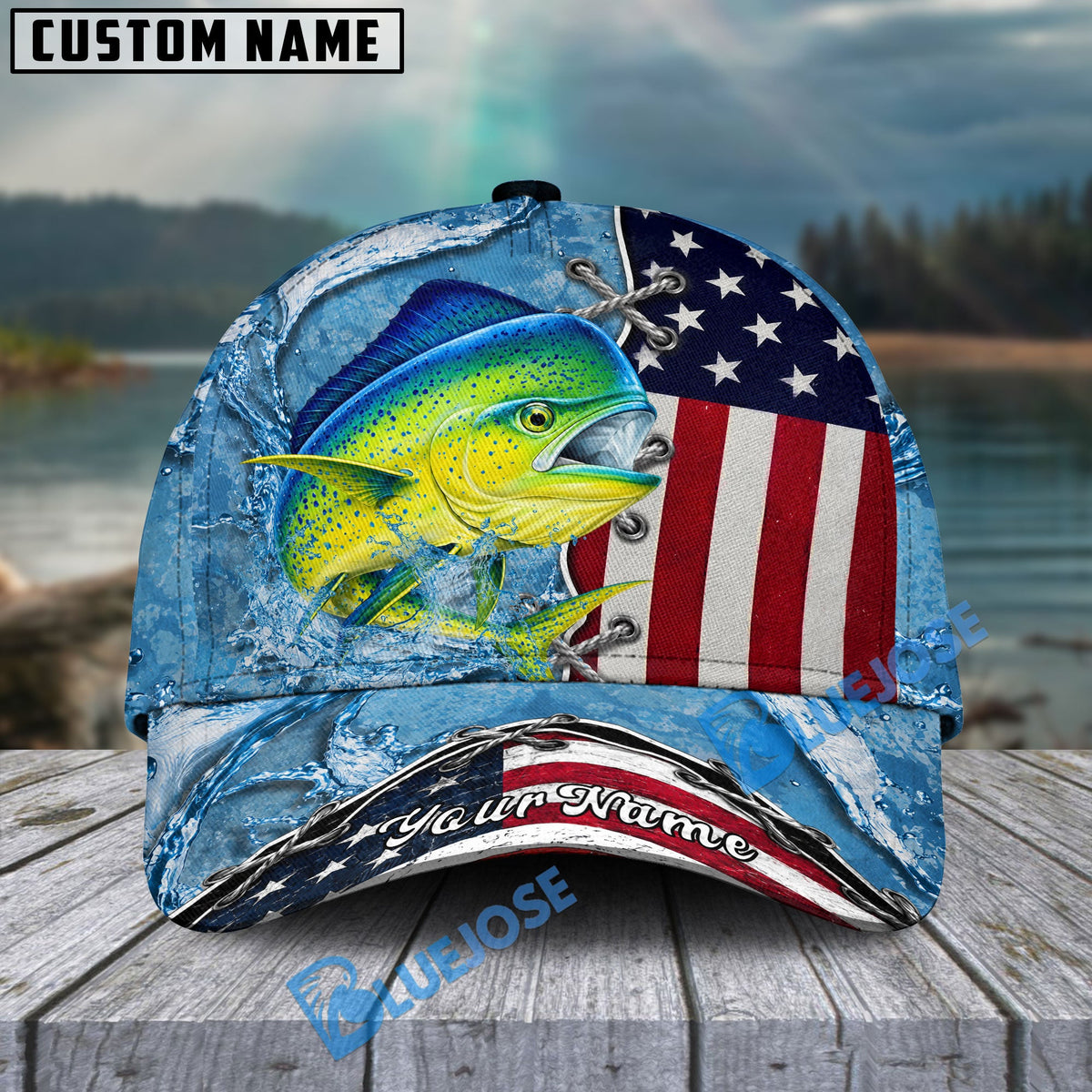 BlueJose Fishing Patriotic Lace-Up Design Personalized Cap (13 Breeds)