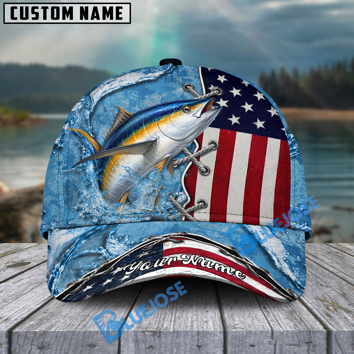 BlueJose Fishing Patriotic Lace-Up Design Personalized Cap (13 Breeds)