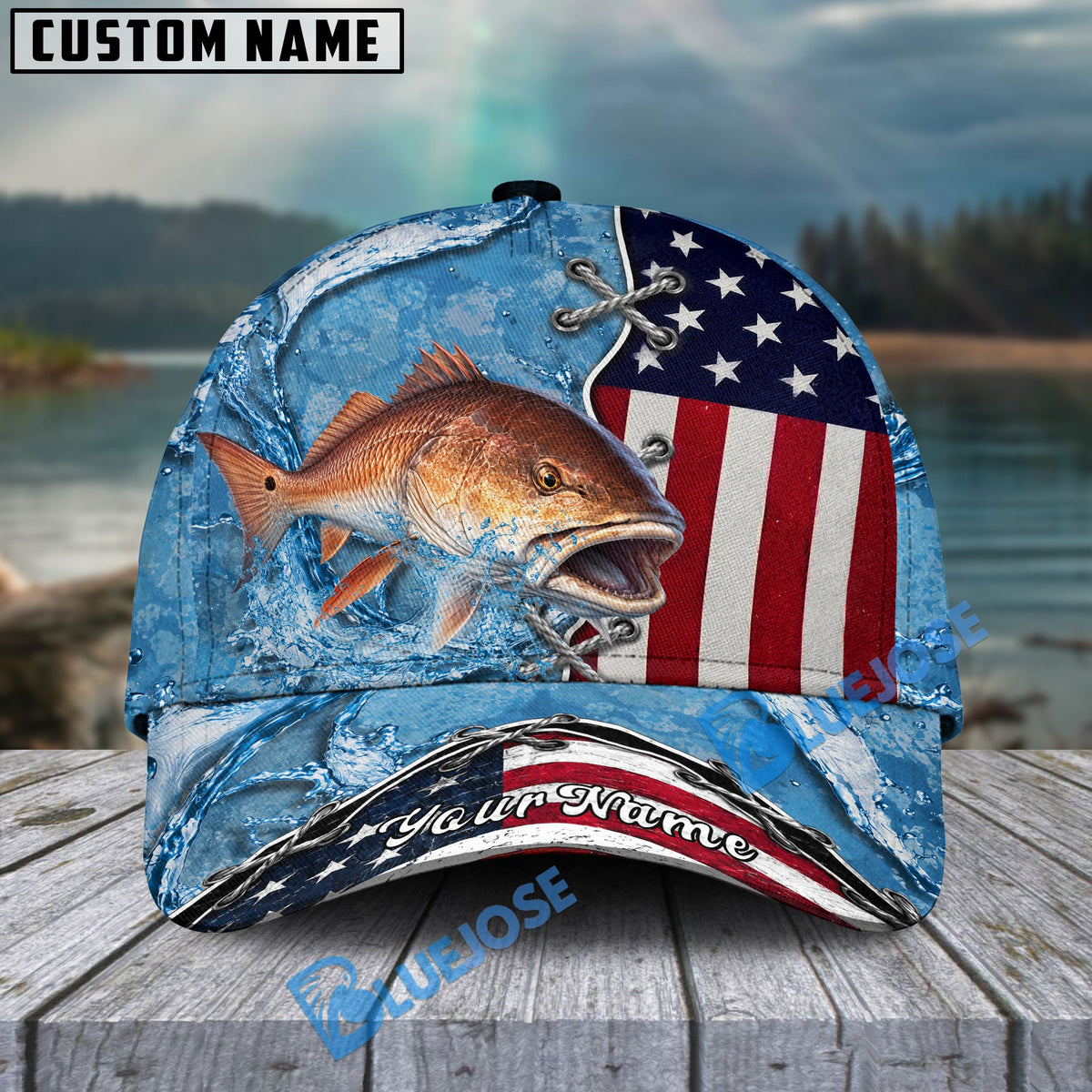 BlueJose Fishing Patriotic Lace-Up Design Personalized Cap (13 Breeds)