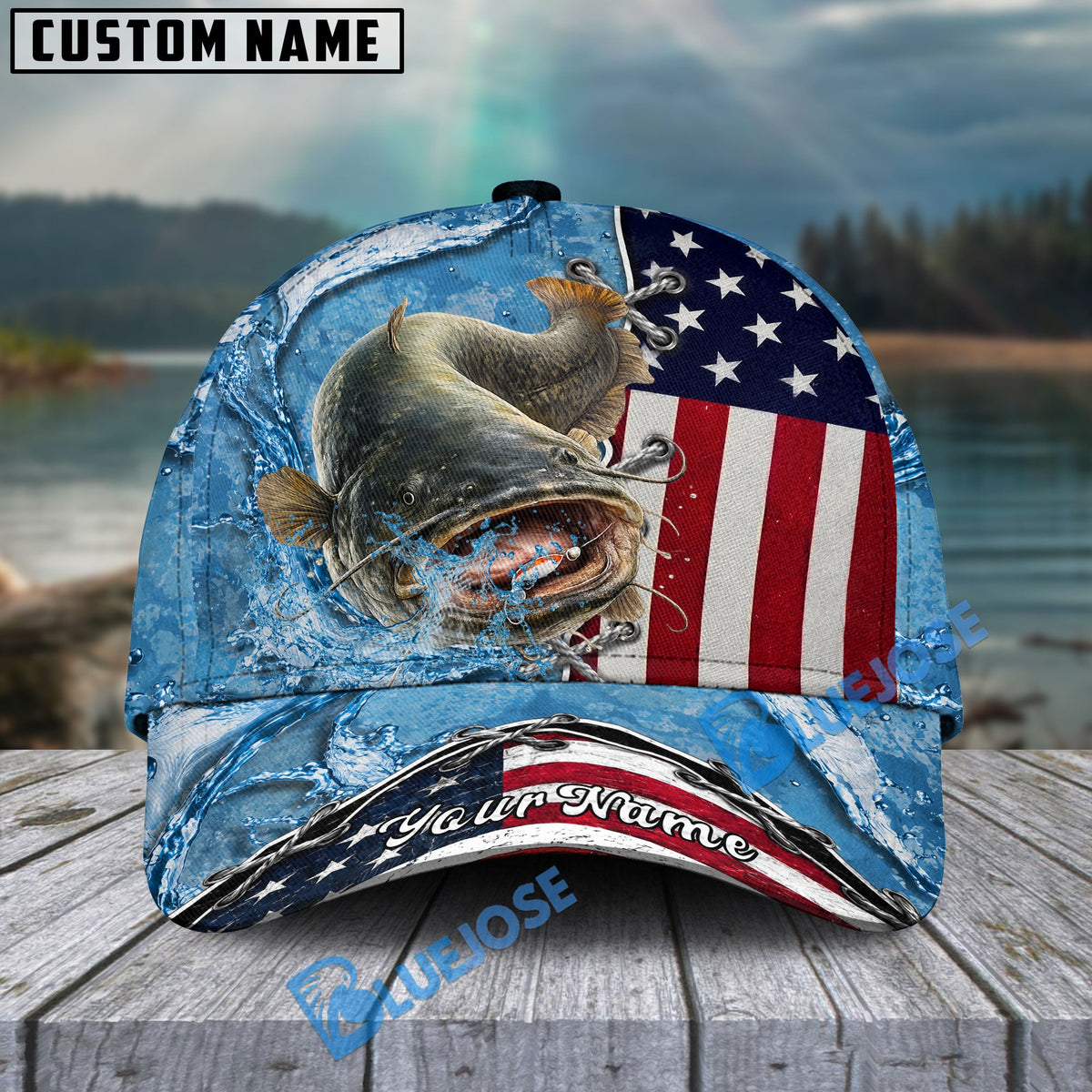 BlueJose Fishing Patriotic Lace-Up Design Personalized Cap (13 Breeds)