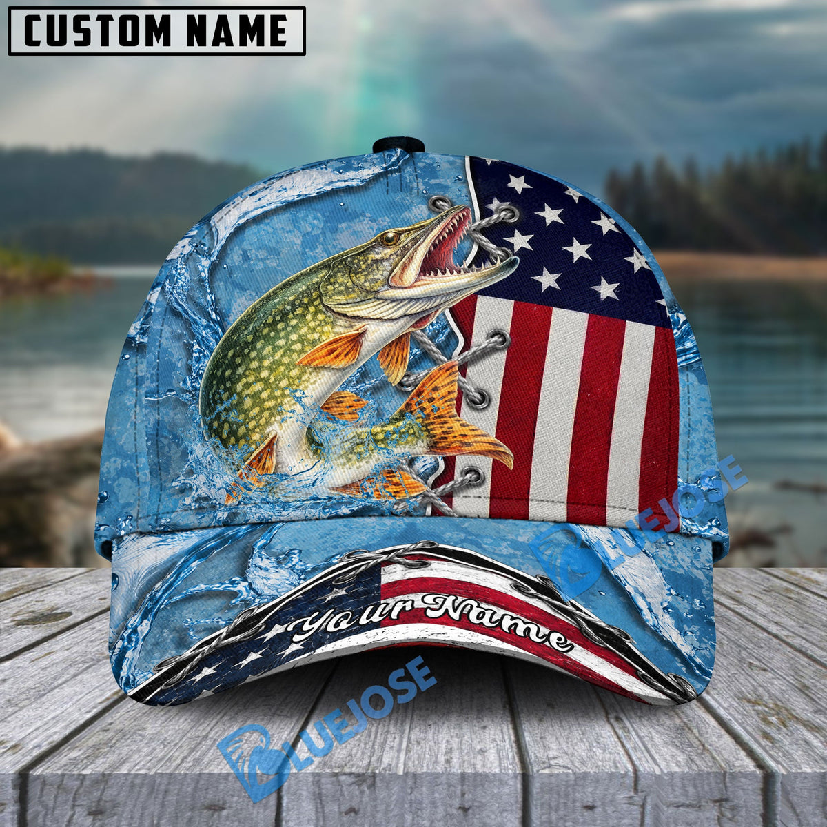 BlueJose Fishing Patriotic Lace-Up Design Personalized Cap (13 Breeds)