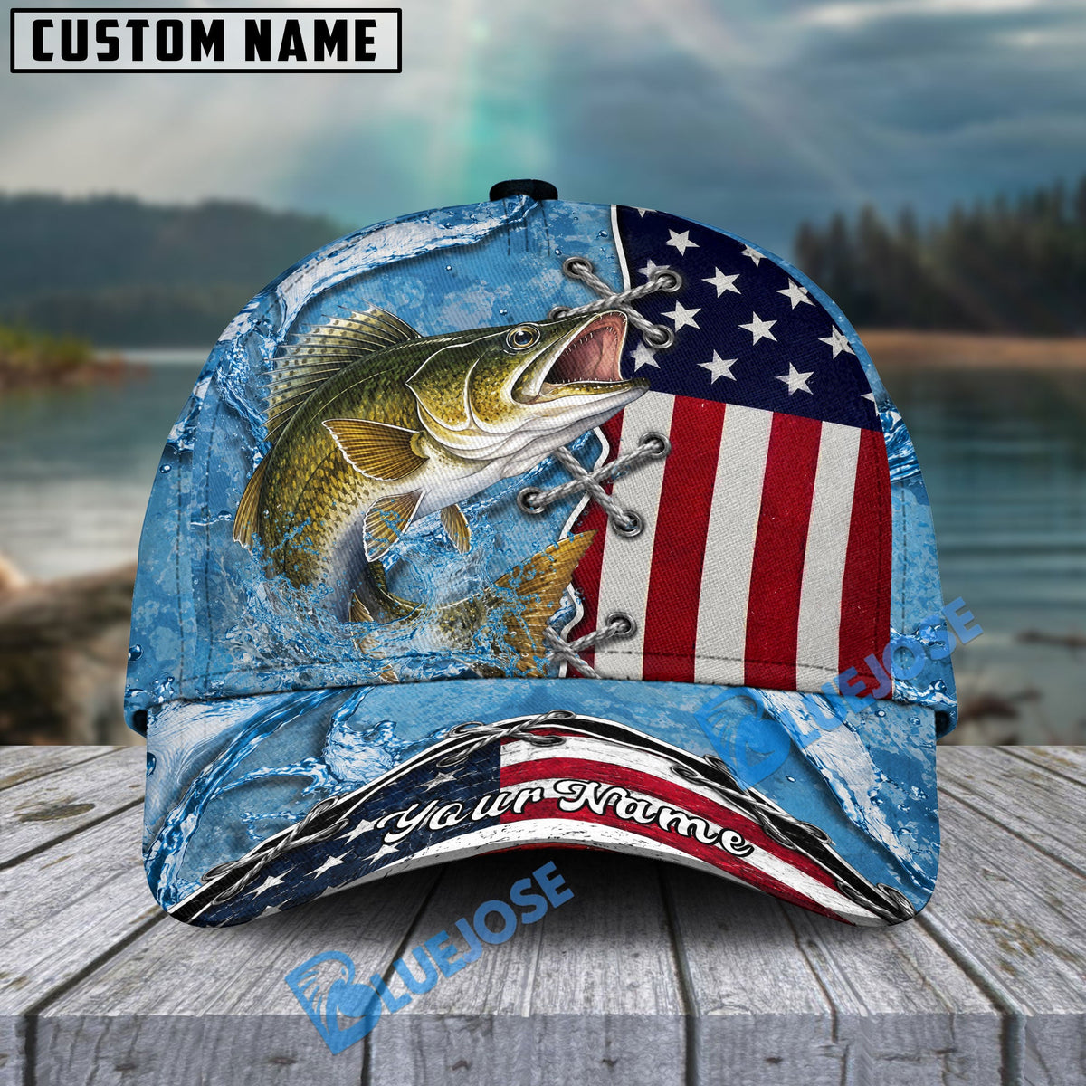 BlueJose Fishing Patriotic Lace-Up Design Personalized Cap (13 Breeds)
