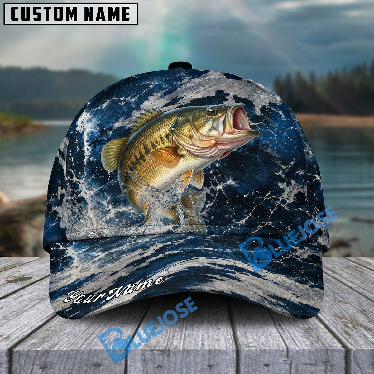 BlueJose Fishing Dark Ocean Camo Design Personalized Cap (13 Breeds)