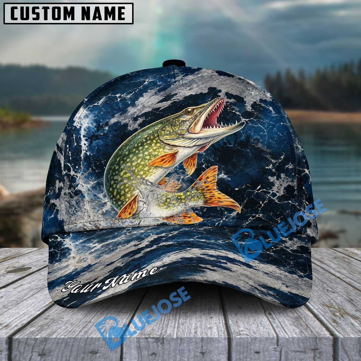 BlueJose Fishing Dark Ocean Camo Design Personalized Cap (13 Breeds)