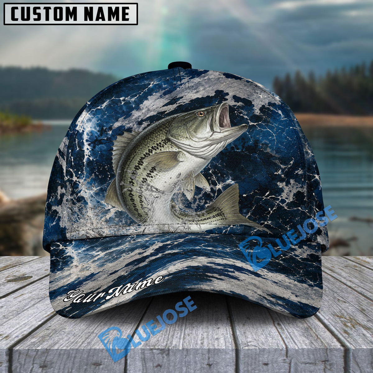 BlueJose Fishing Dark Ocean Camo Design Personalized Cap (13 Breeds)