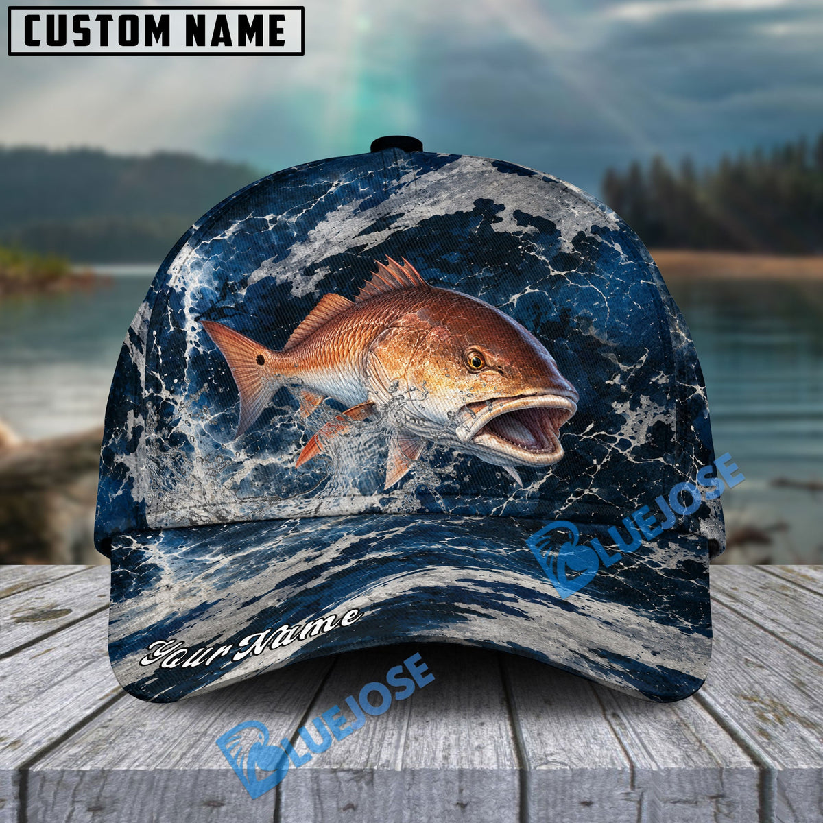 BlueJose Fishing Dark Ocean Camo Design Personalized Cap (13 Breeds)