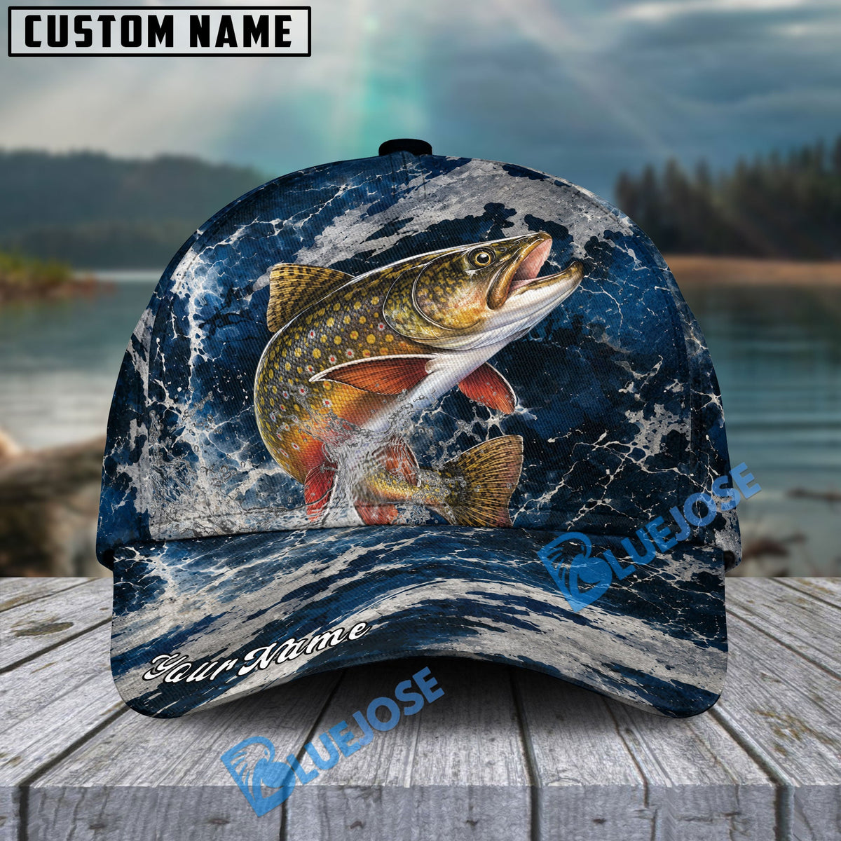 BlueJose Fishing Dark Ocean Camo Design Personalized Cap (13 Breeds)