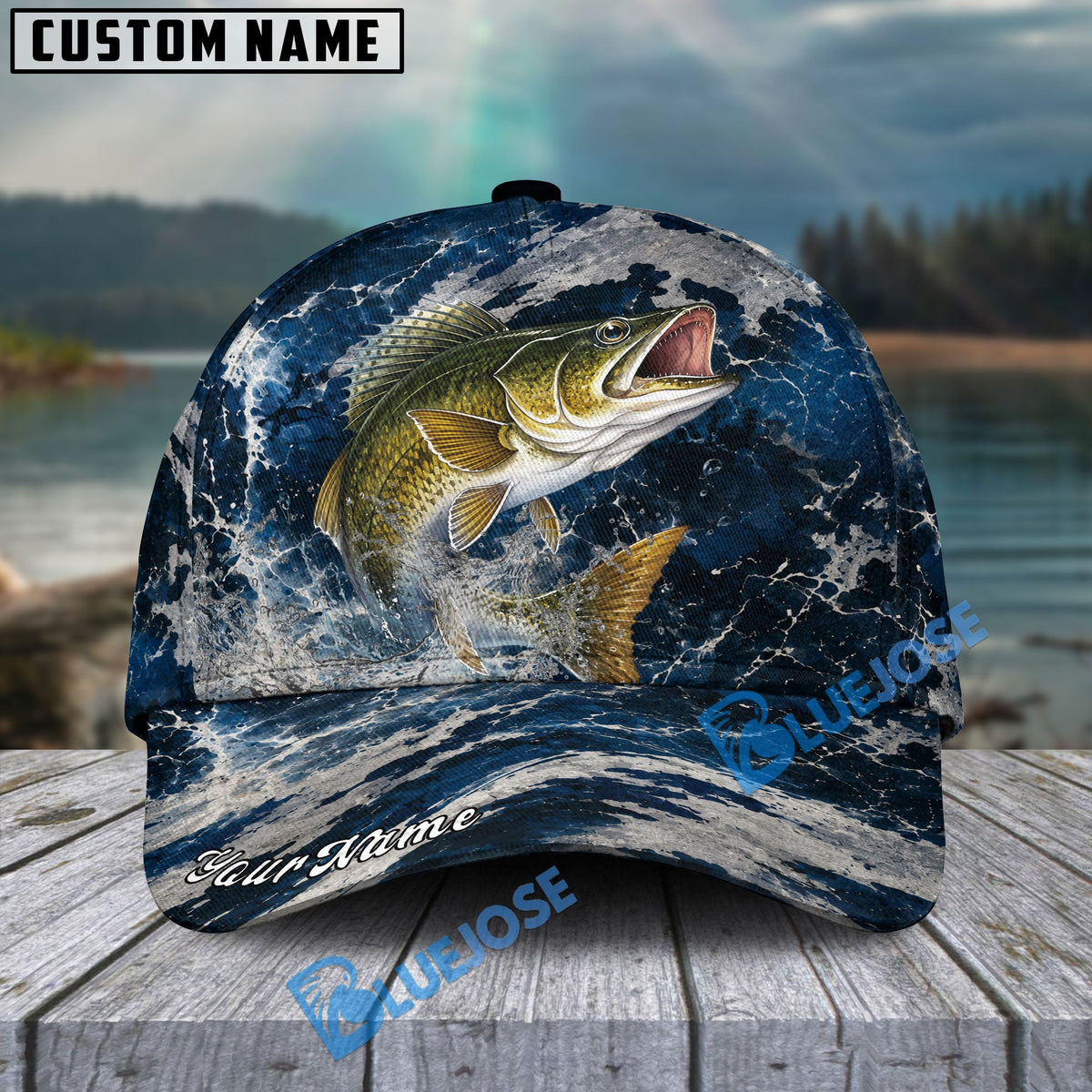 BlueJose Fishing Dark Ocean Camo Design Personalized Cap (13 Breeds)