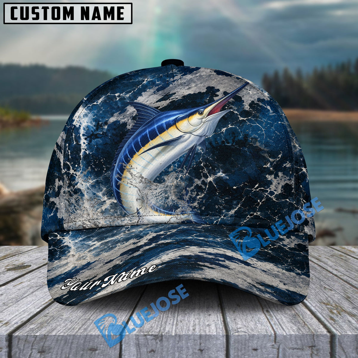 BlueJose Fishing Dark Ocean Camo Design Personalized Cap (13 Breeds)