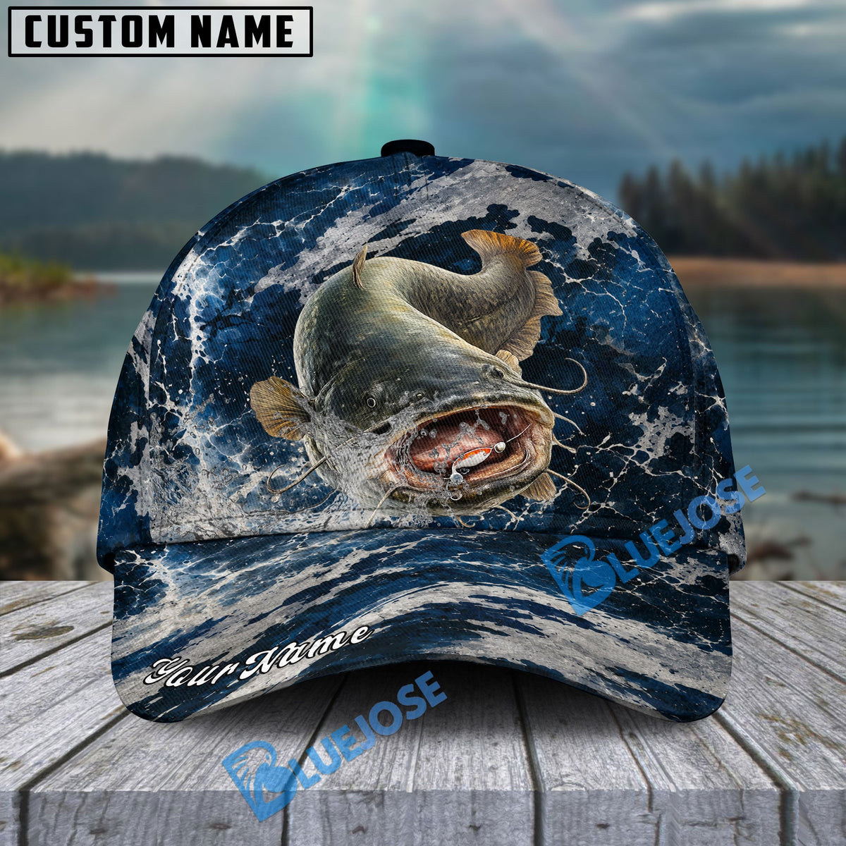 BlueJose Fishing Dark Ocean Camo Design Personalized Cap (13 Breeds)