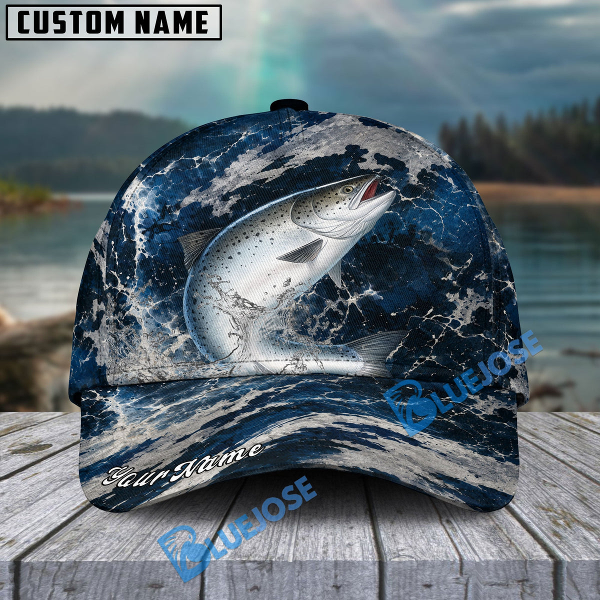 BlueJose Fishing Dark Ocean Camo Design Personalized Cap (13 Breeds)