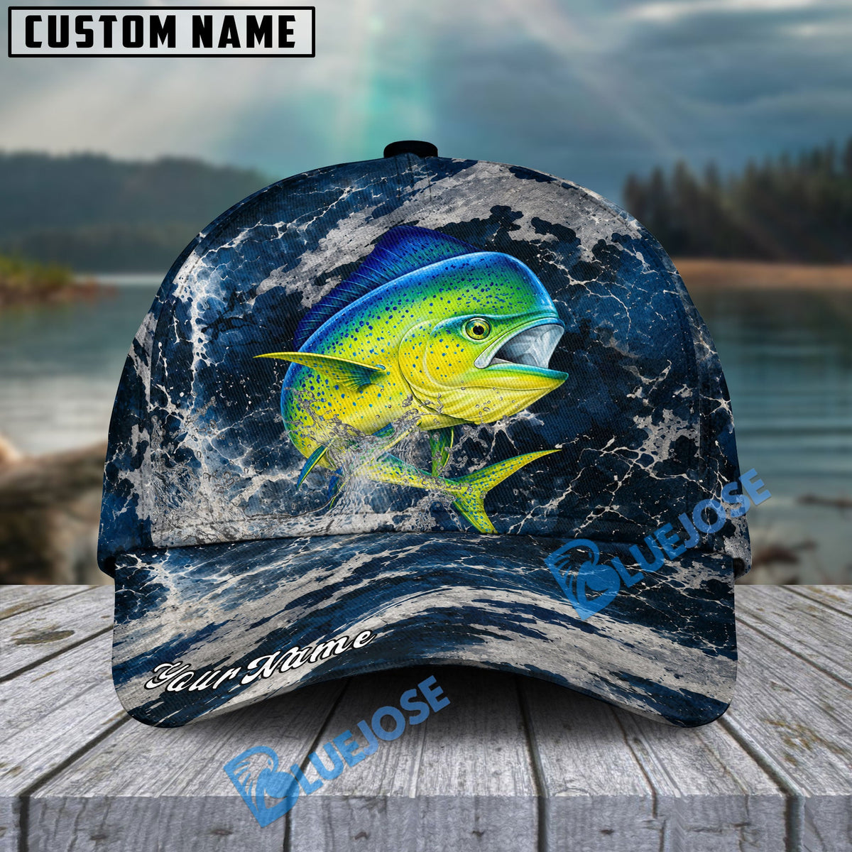 BlueJose Fishing Dark Ocean Camo Design Personalized Cap (13 Breeds)