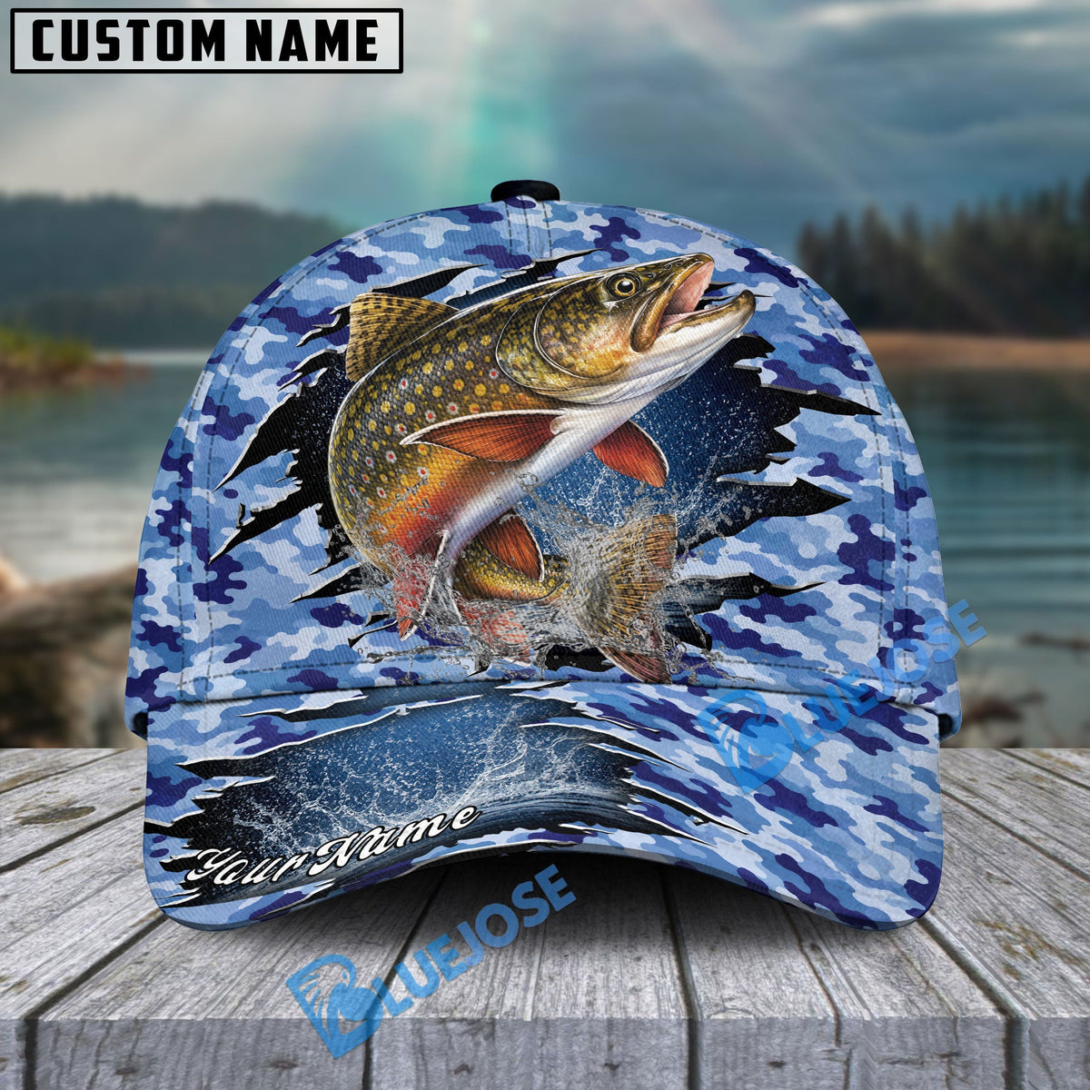 BlueJose Fishing Blue Camo Rip-Through Design Personalized Cap (13 Breeds)