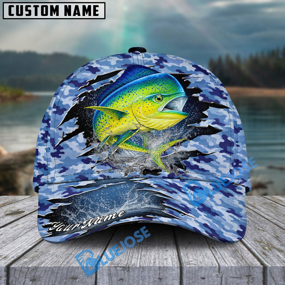 BlueJose Fishing Blue Camo Rip-Through Design Personalized Cap (13 Breeds)
