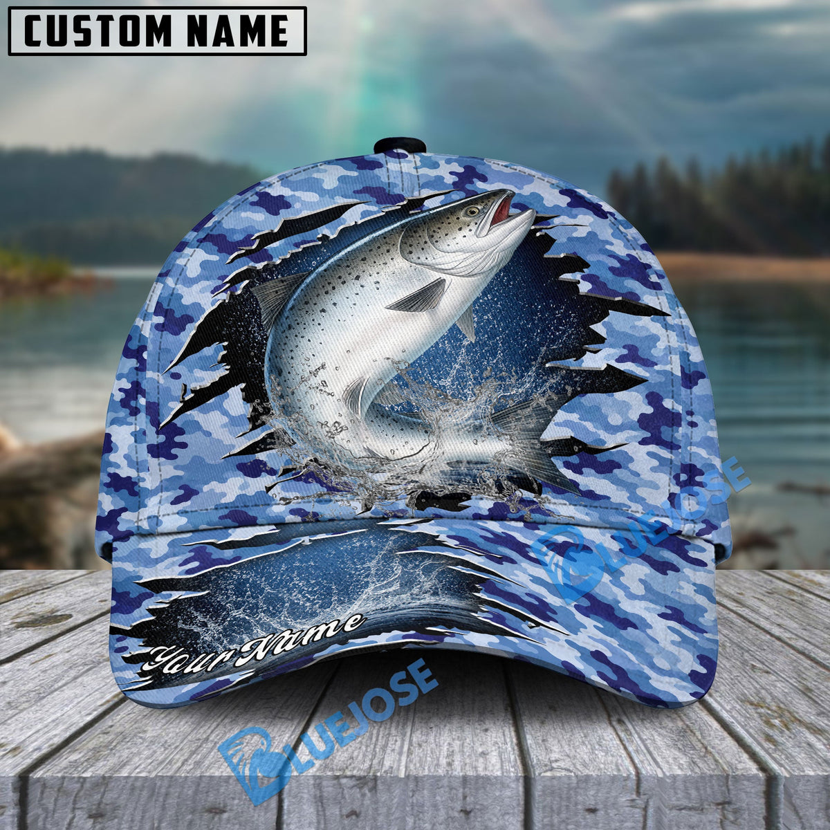BlueJose Fishing Blue Camo Rip-Through Design Personalized Cap (13 Breeds)