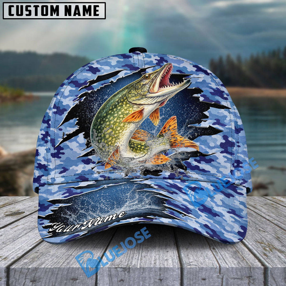 BlueJose Fishing Blue Camo Rip-Through Design Personalized Cap (13 Breeds)
