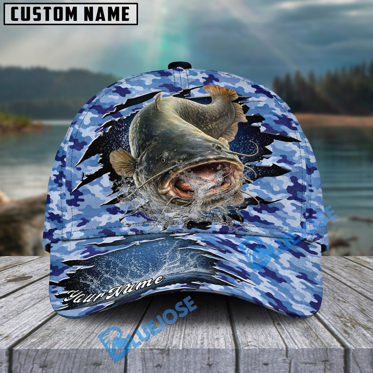 BlueJose Fishing Blue Camo Rip-Through Design Personalized Cap (13 Breeds)