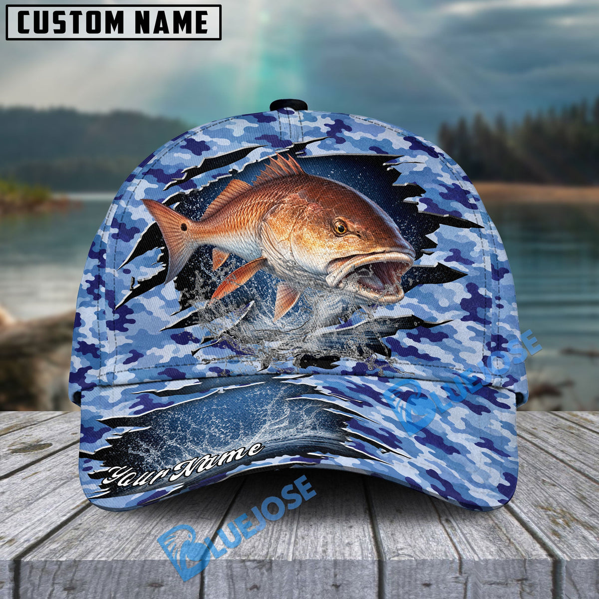 BlueJose Fishing Blue Camo Rip-Through Design Personalized Cap (13 Breeds)