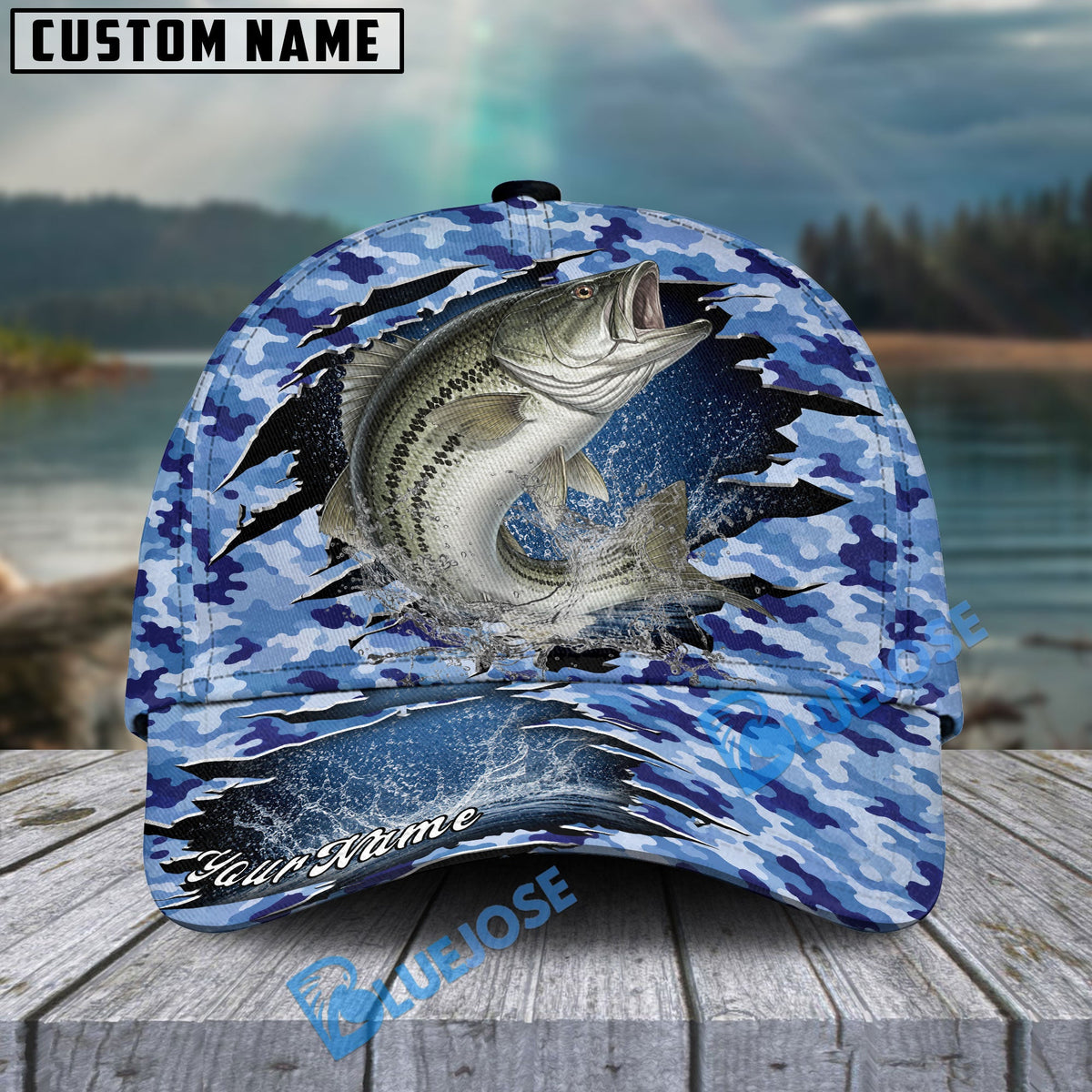 BlueJose Fishing Blue Camo Rip-Through Design Personalized Cap (13 Breeds)