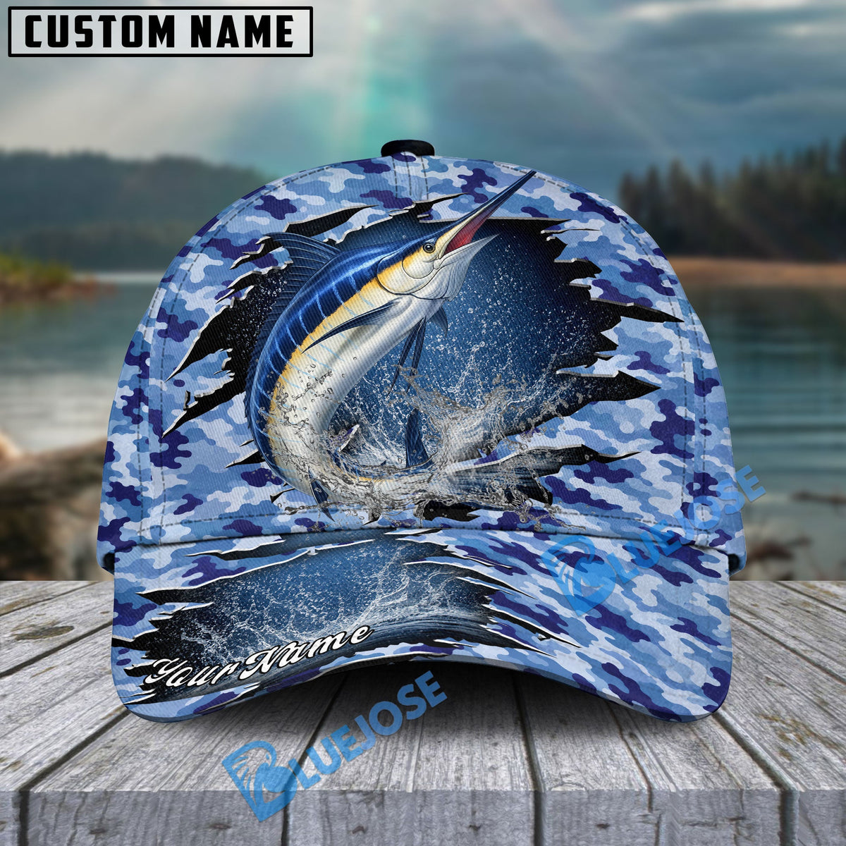 BlueJose Fishing Blue Camo Rip-Through Design Personalized Cap (13 Breeds)