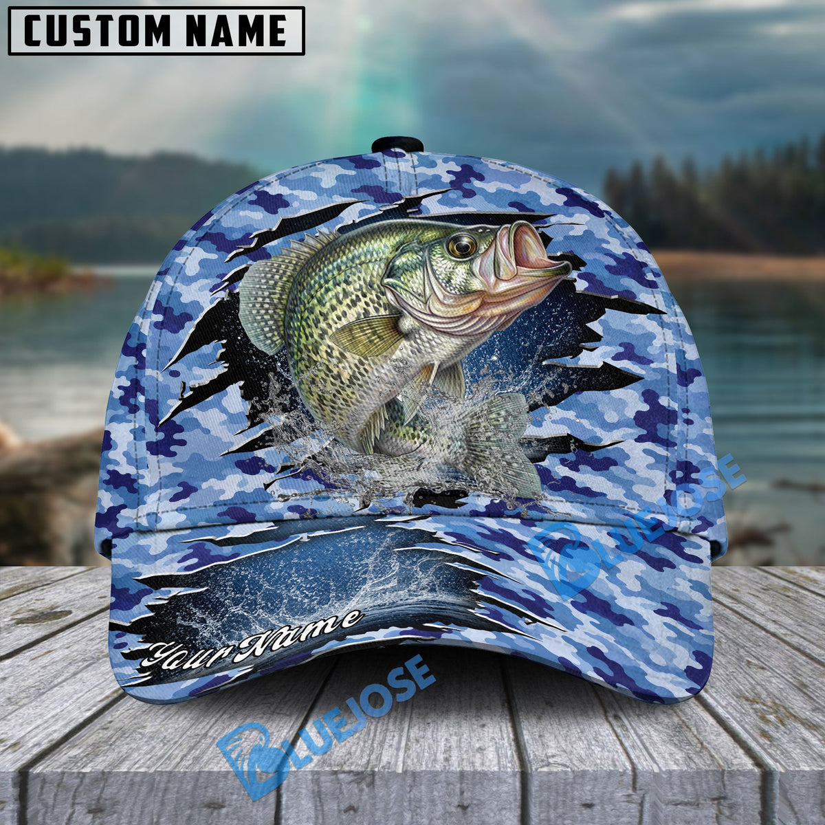 BlueJose Fishing Blue Camo Rip-Through Design Personalized Cap (13 Breeds)