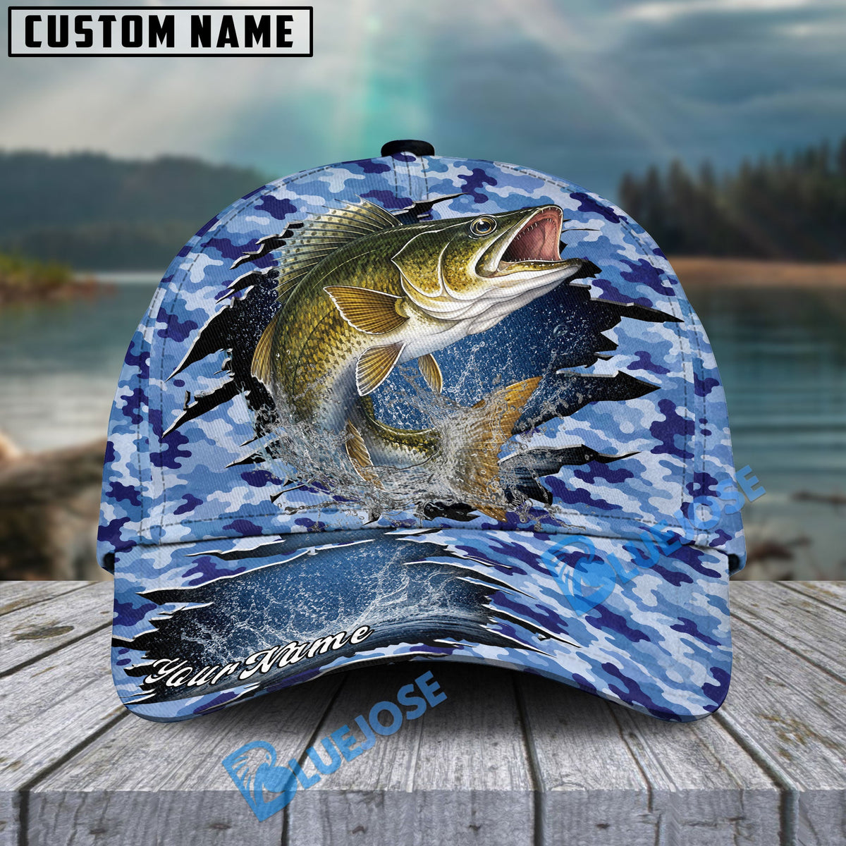 BlueJose Fishing Blue Camo Rip-Through Design Personalized Cap (13 Breeds)