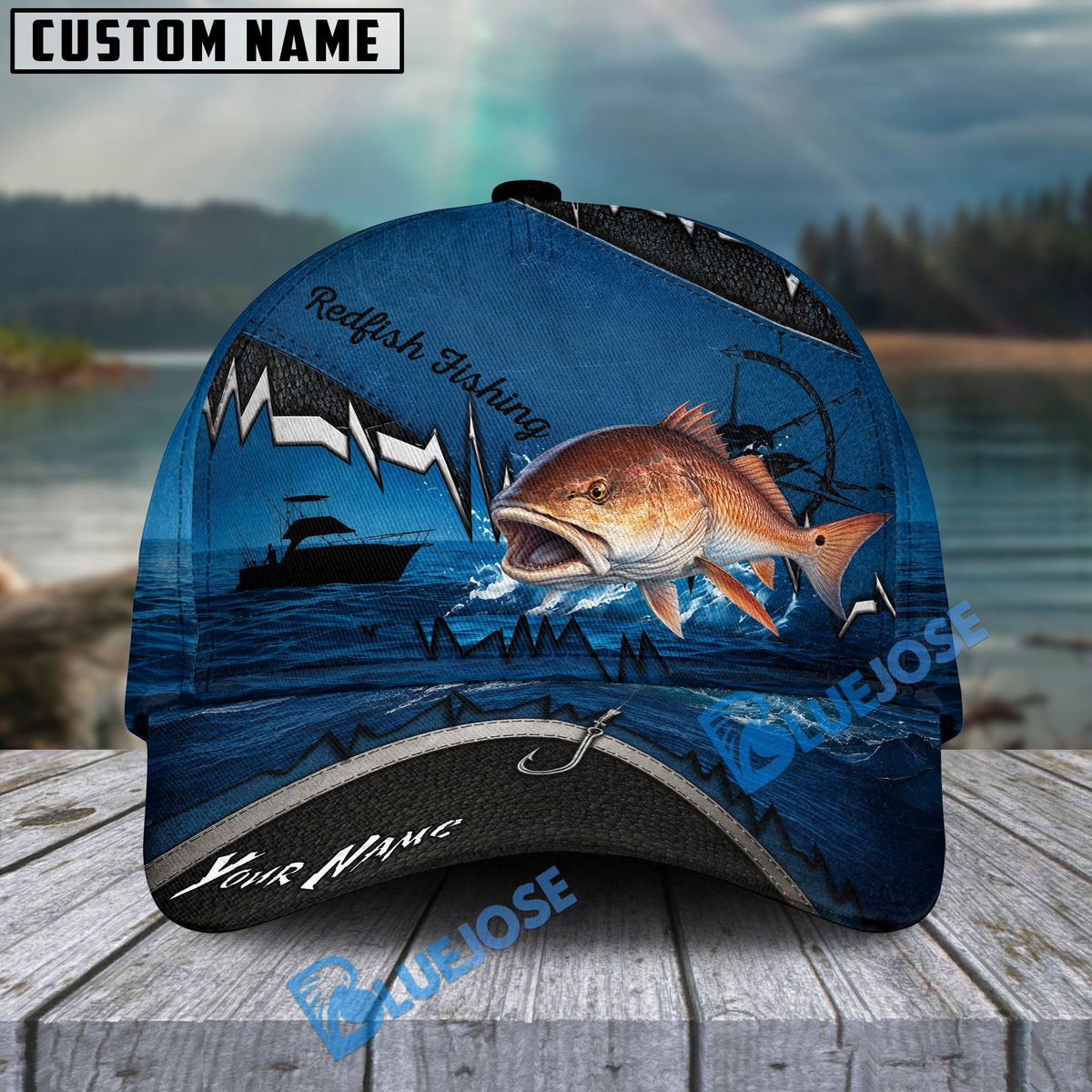 BlueJose Fishing Heartbeat Boat Scene Personalized Cap (13 Breeds)