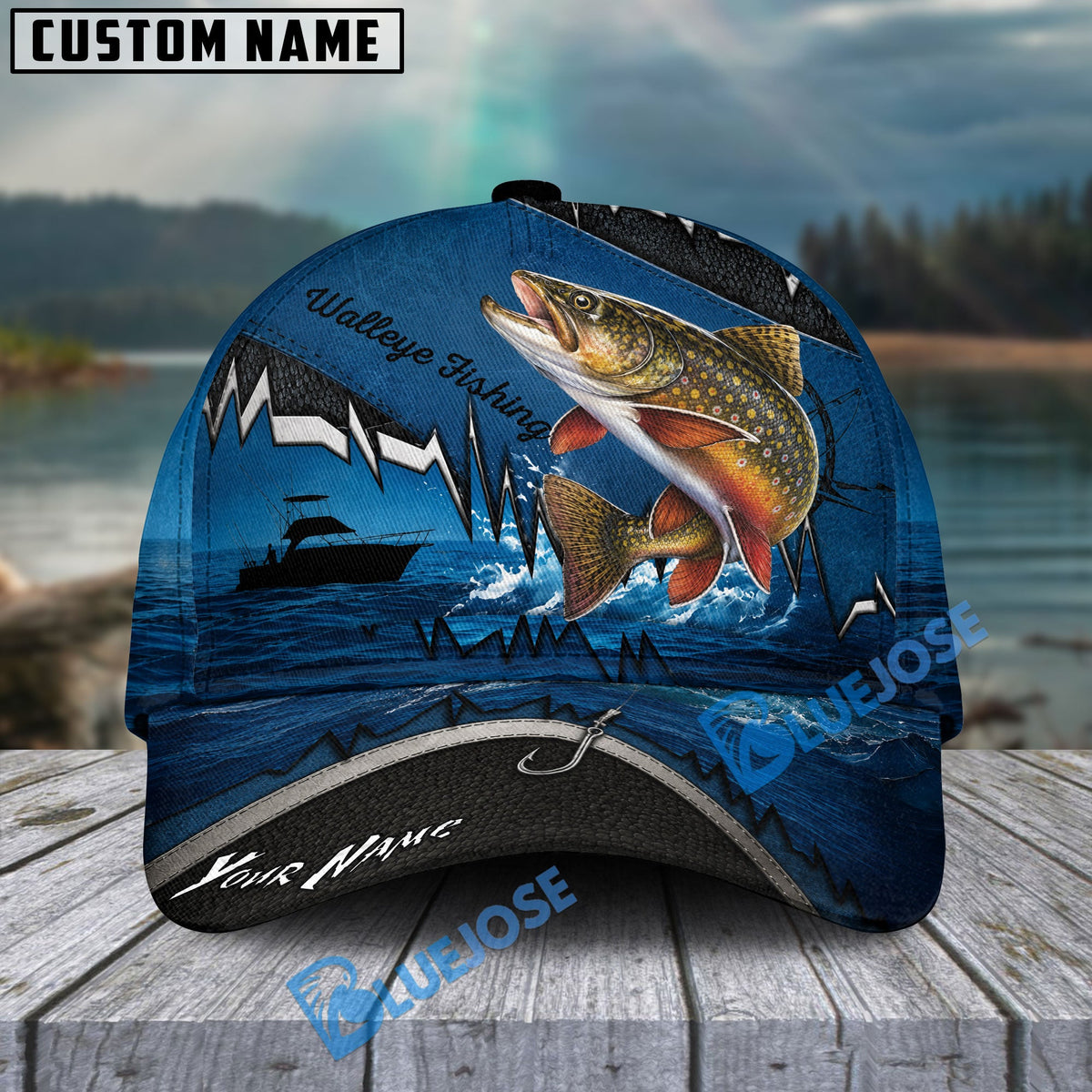 BlueJose Fishing Heartbeat Boat Scene Personalized Cap (13 Breeds)