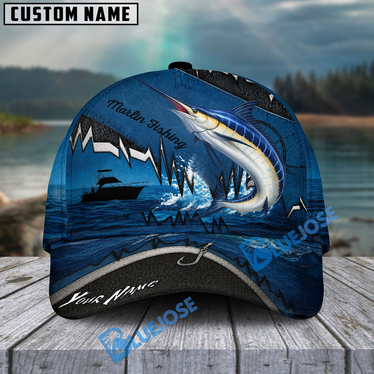 BlueJose Fishing Heartbeat Boat Scene Personalized Cap (13 Breeds)