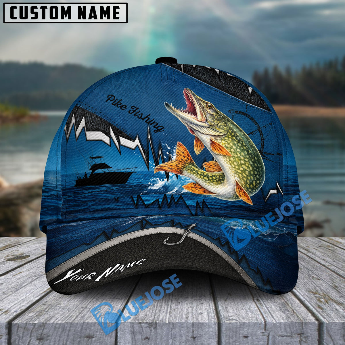 BlueJose Fishing Heartbeat Boat Scene Personalized Cap (13 Breeds)