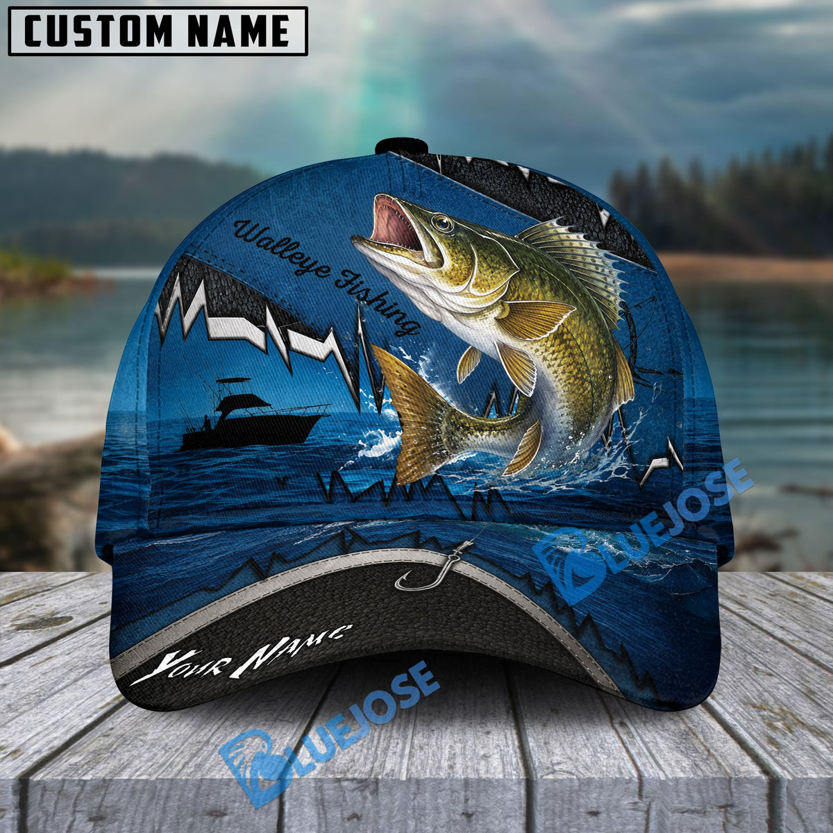 BlueJose Fishing Heartbeat Boat Scene Personalized Cap (13 Breeds)