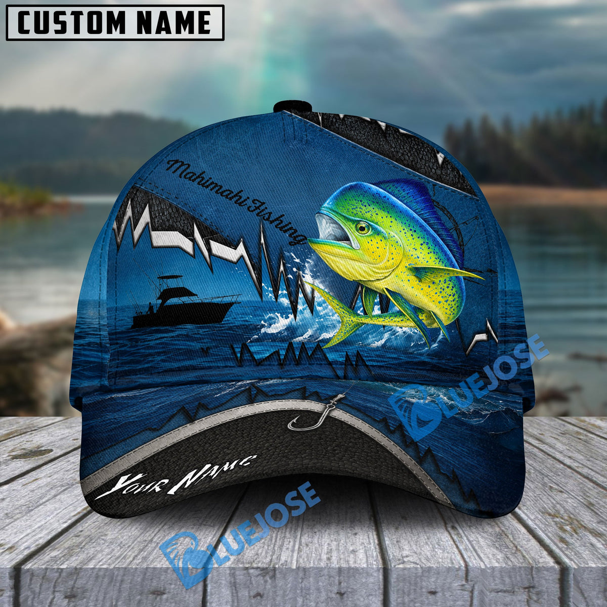 BlueJose Fishing Heartbeat Boat Scene Personalized Cap (13 Breeds)