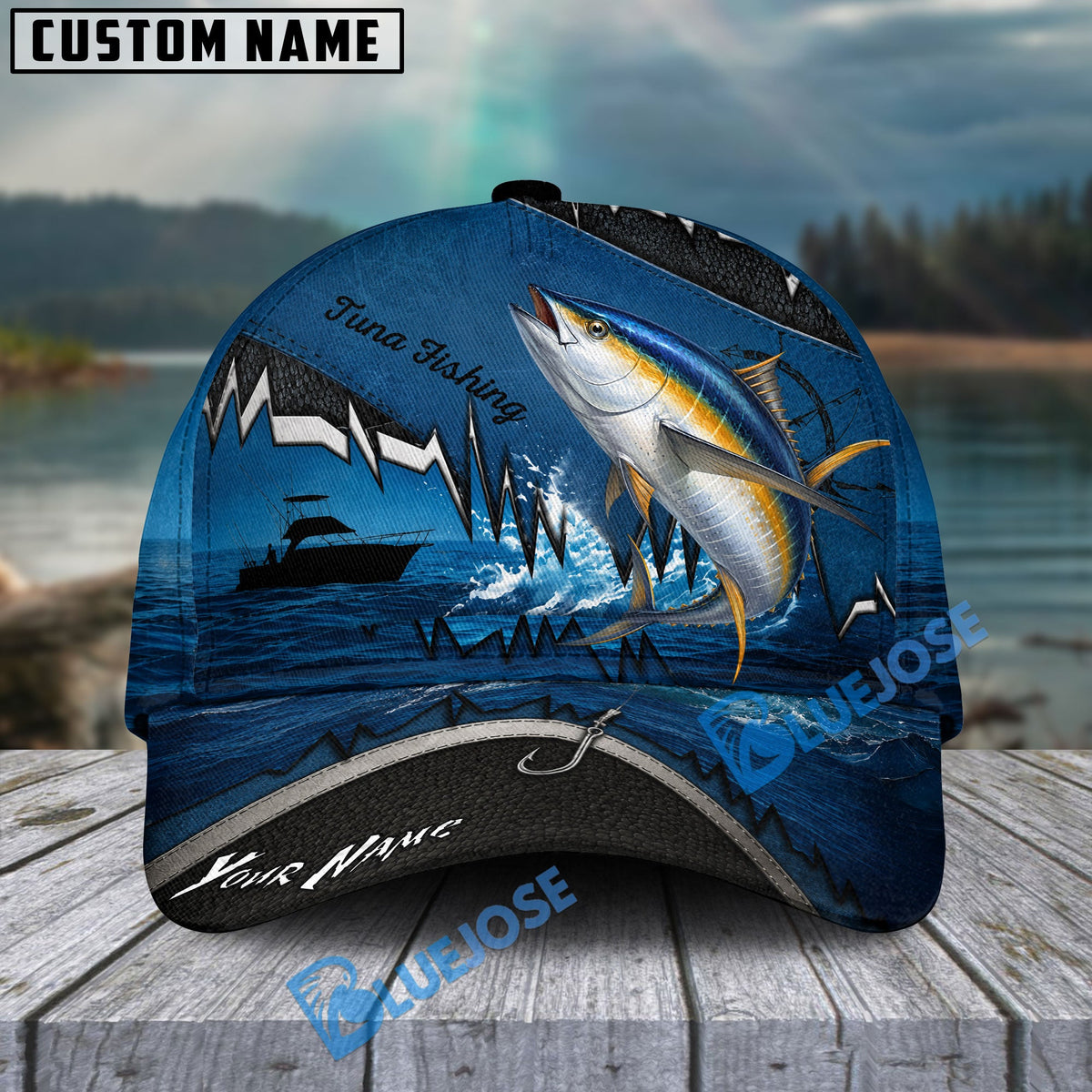 BlueJose Fishing Heartbeat Boat Scene Personalized Cap (13 Breeds)