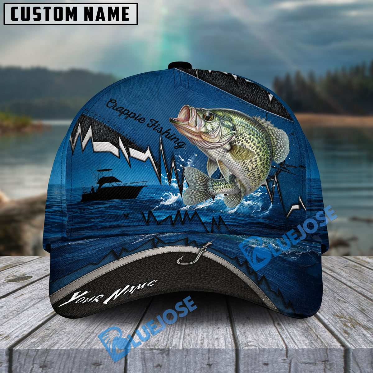 BlueJose Fishing Heartbeat Boat Scene Personalized Cap (13 Breeds)