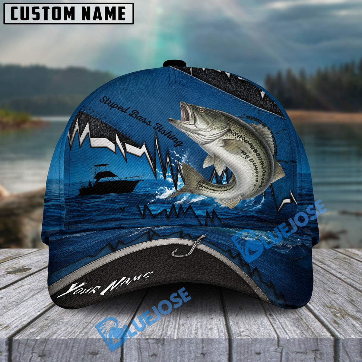 BlueJose Fishing Heartbeat Boat Scene Personalized Cap (13 Breeds)