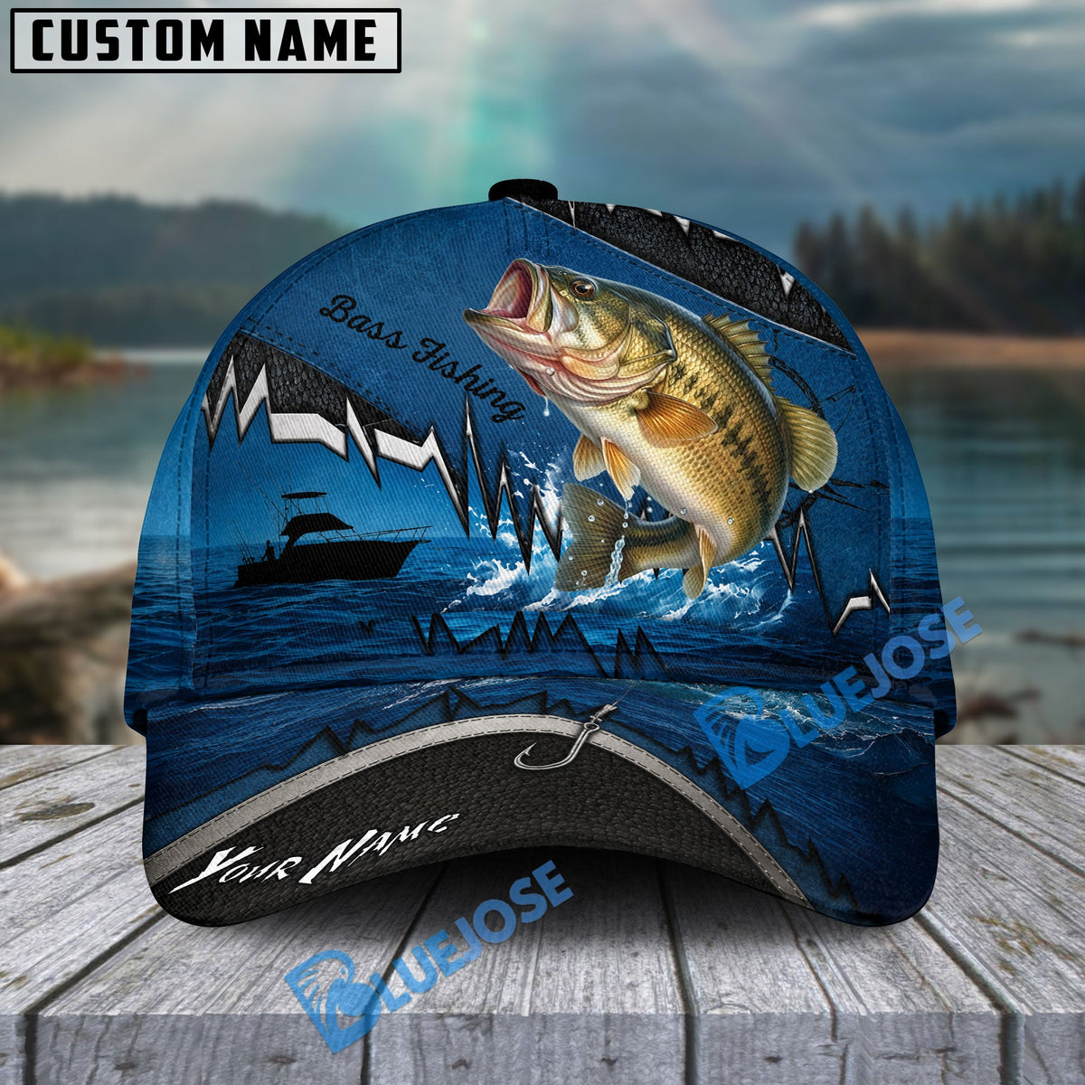 BlueJose Fishing Heartbeat Boat Scene Personalized Cap (13 Breeds)