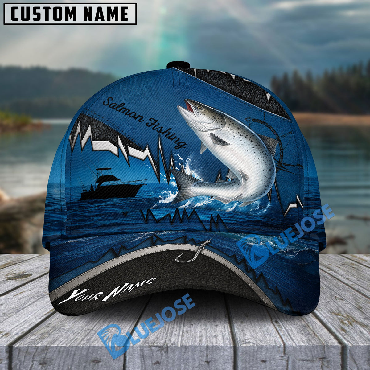 BlueJose Fishing Heartbeat Boat Scene Personalized Cap (13 Breeds)