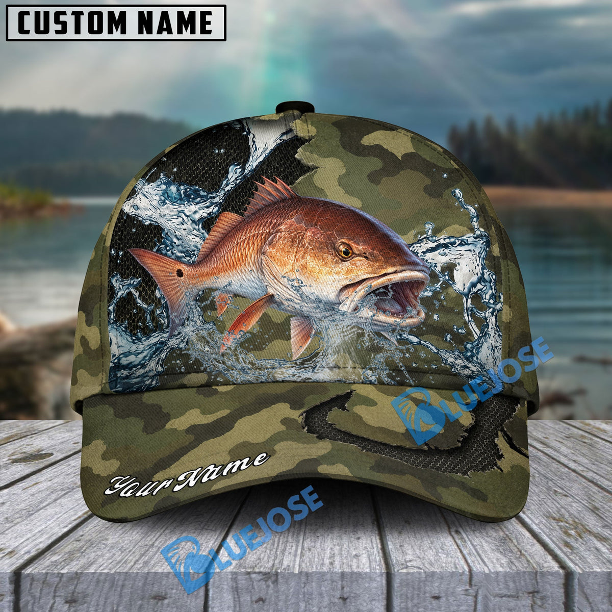 BlueJose Fishing Camo Predator Fish Design Personalized Cap (13 Breeds)