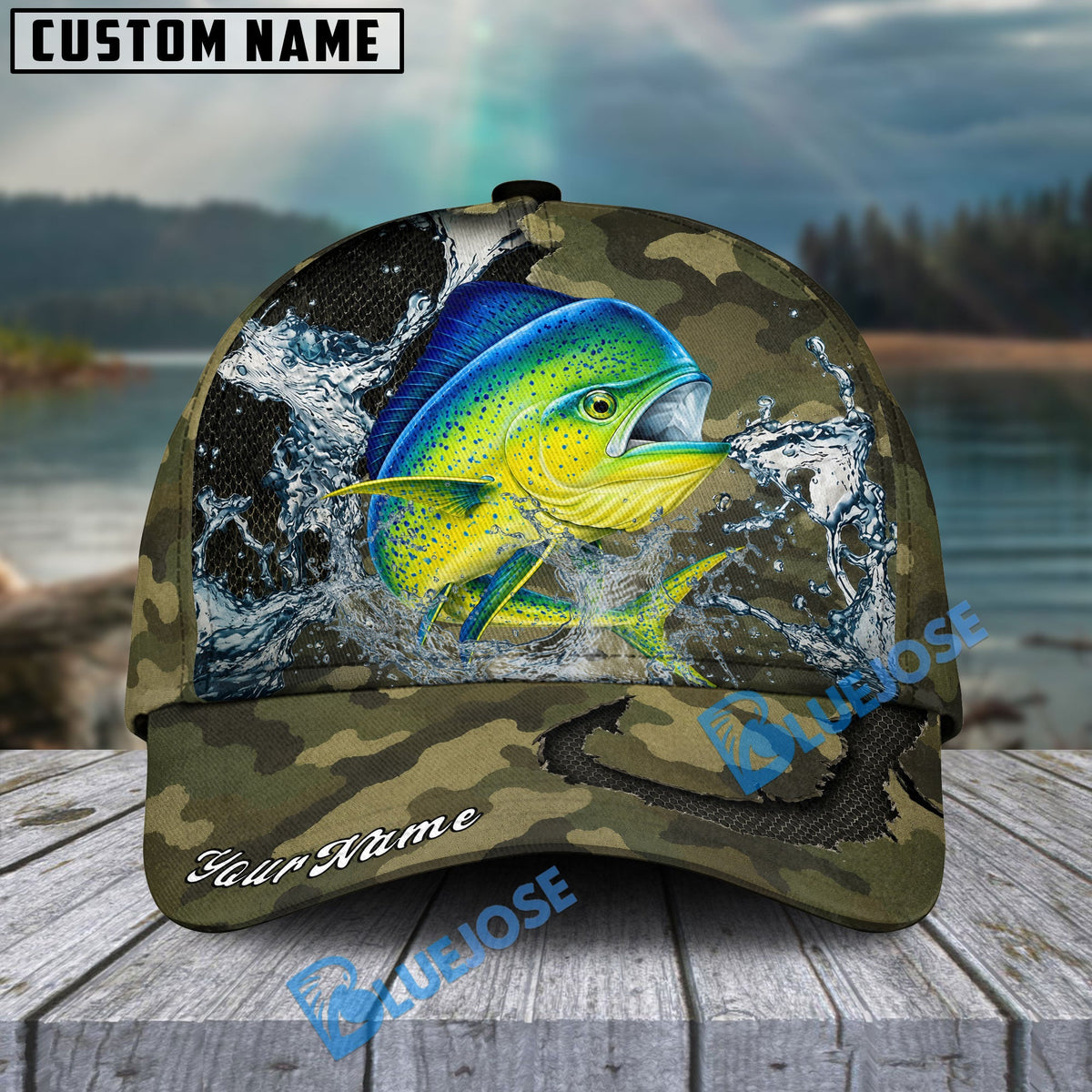 BlueJose Fishing Camo Predator Fish Design Personalized Cap (13 Breeds)