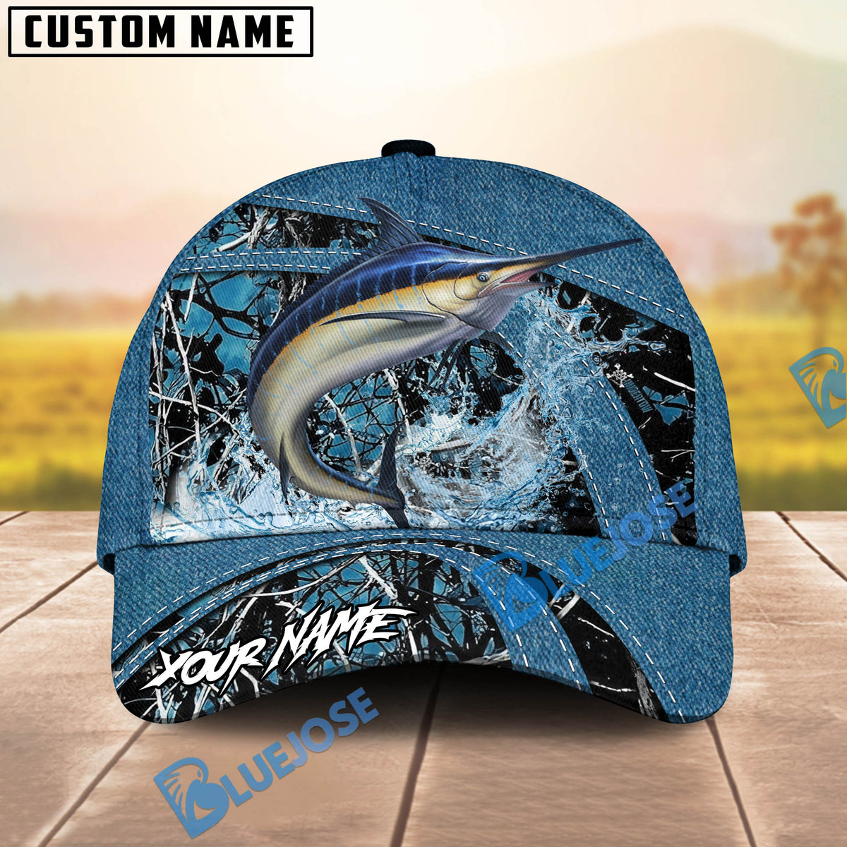 BlueJose Fishing Blue Marsh Bass Design Personalized Cap (13 Breeds)