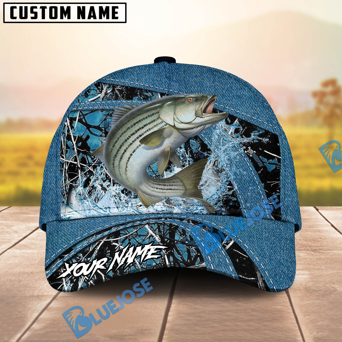 BlueJose Fishing Blue Marsh Bass Design Personalized Cap (13 Breeds)