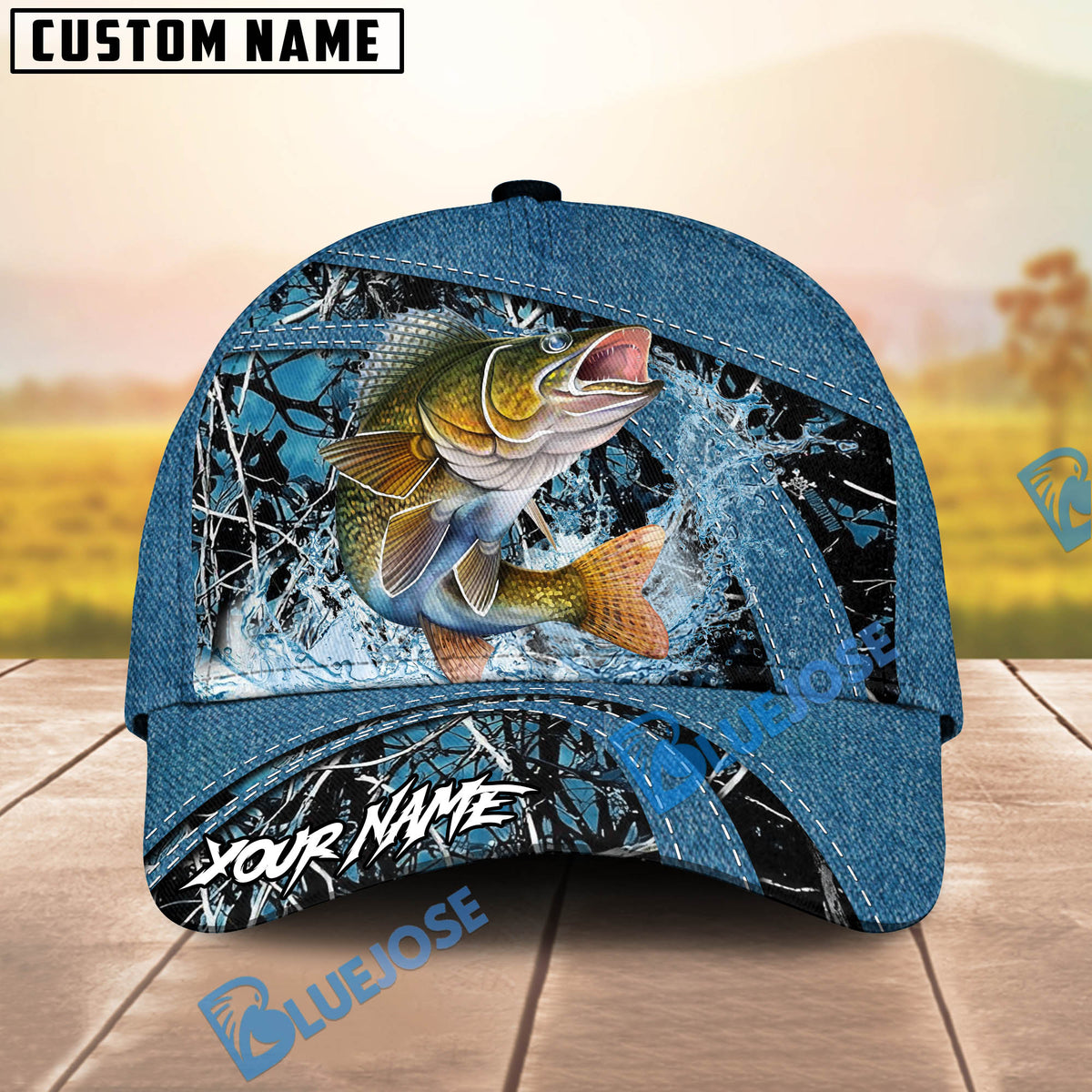 BlueJose Fishing Blue Marsh Bass Design Personalized Cap (13 Breeds)