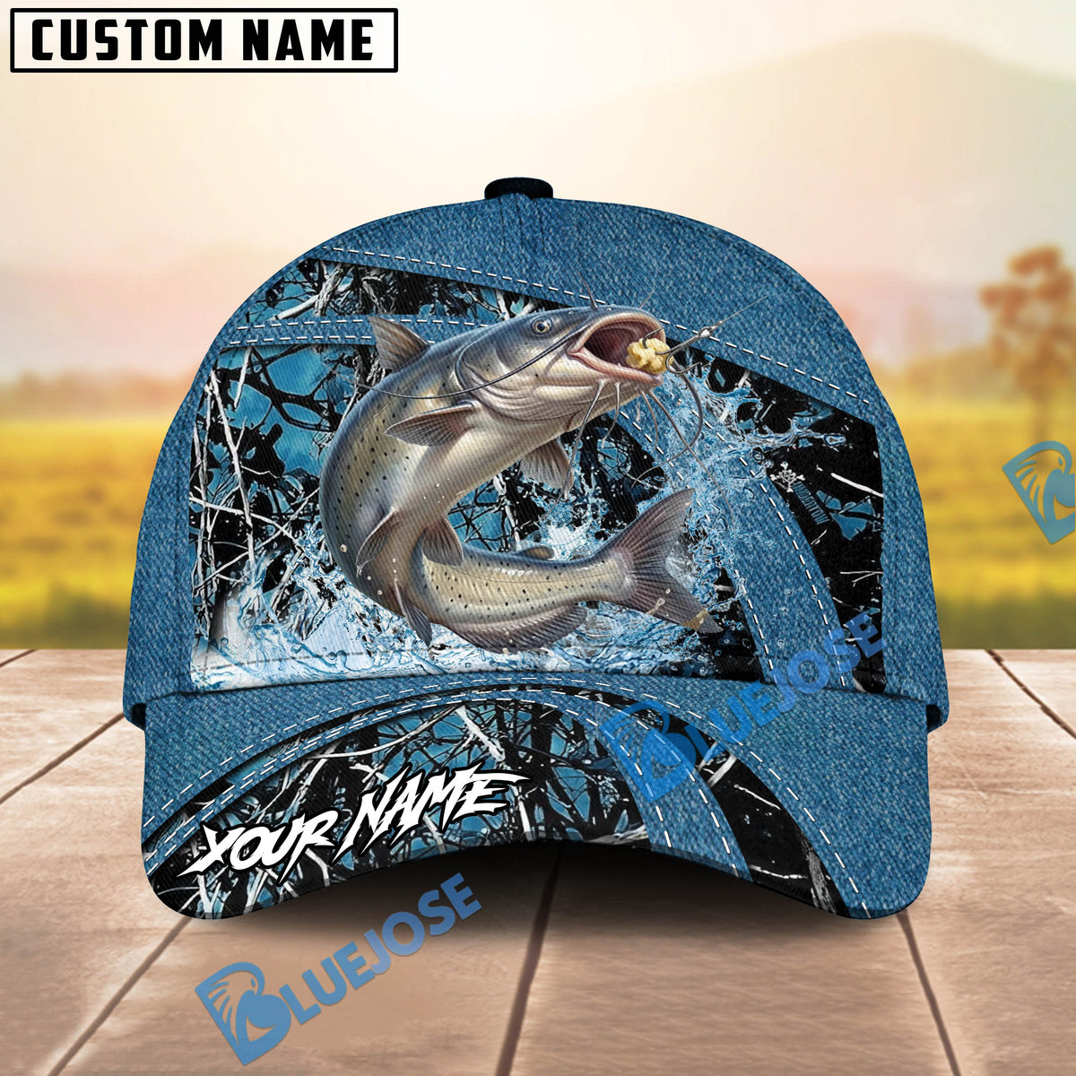 BlueJose Fishing Blue Marsh Bass Design Personalized Cap (13 Breeds)