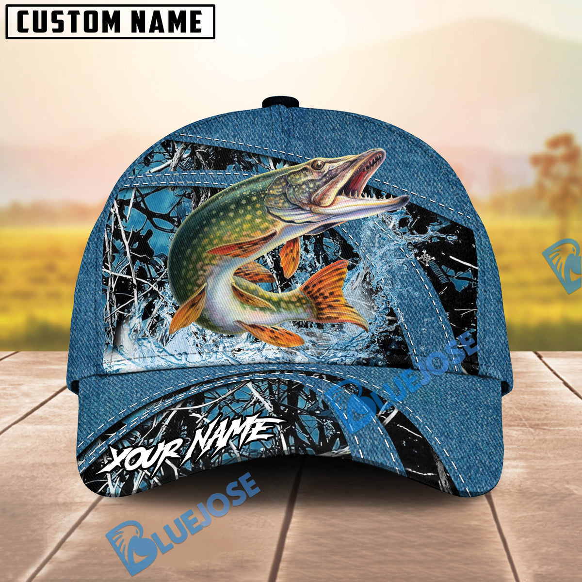 BlueJose Fishing Blue Marsh Bass Design Personalized Cap (13 Breeds)