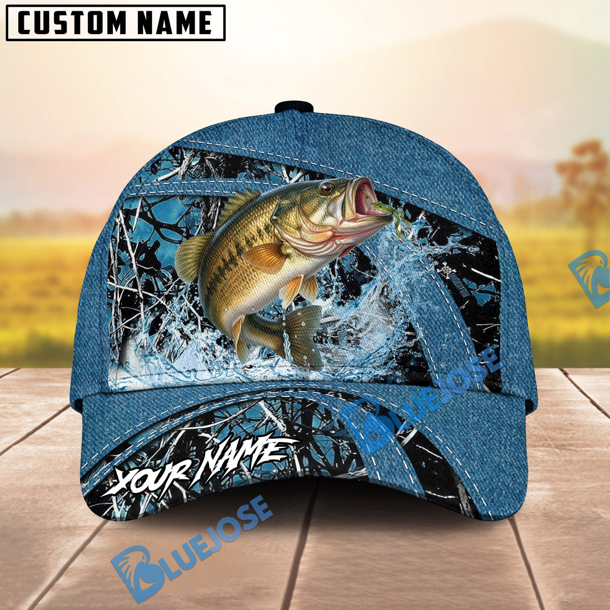 BlueJose Fishing Blue Marsh Bass Design Personalized Cap (13 Breeds)